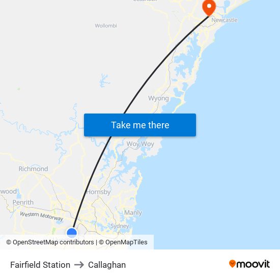 Fairfield Station to Callaghan map