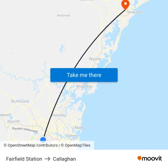 Fairfield Station to Callaghan map