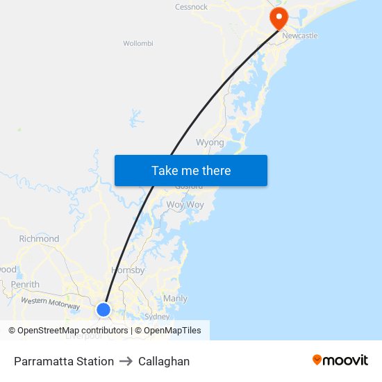 Parramatta Station to Callaghan map