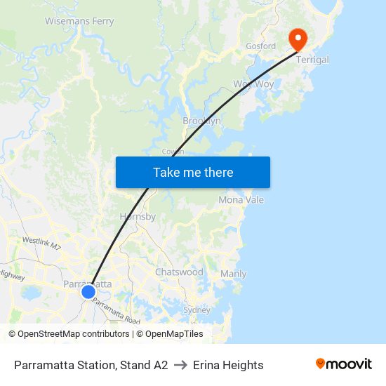 Parramatta Station, Stand A2 to Erina Heights map