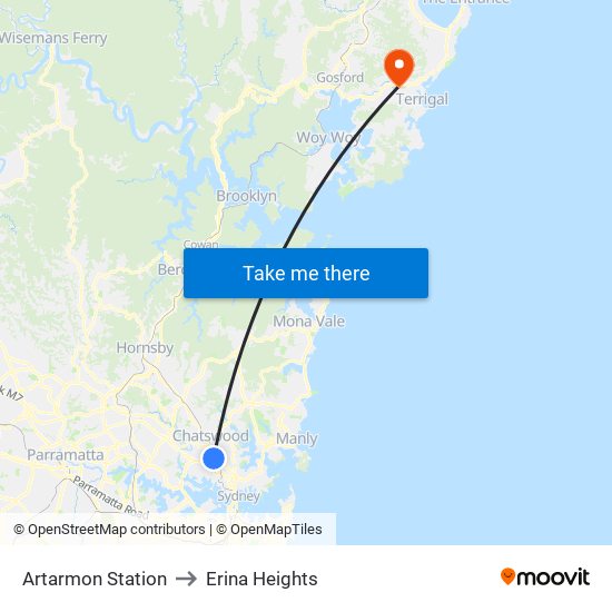 Artarmon Station to Erina Heights map