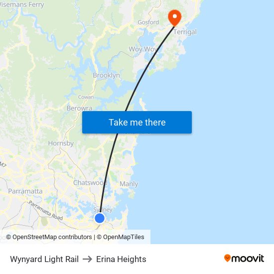 Wynyard Light Rail to Erina Heights map