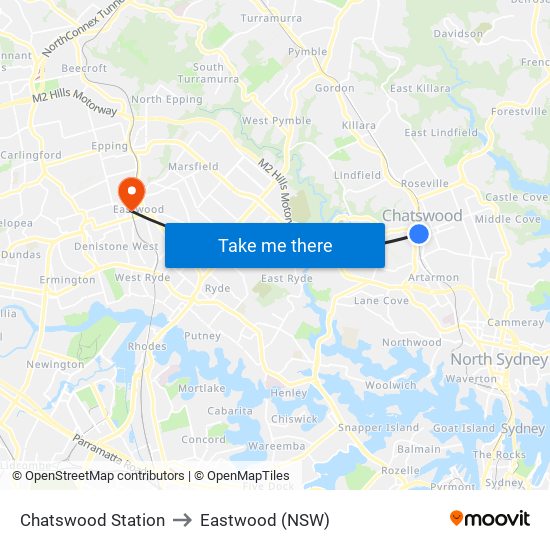 Chatswood Station to Eastwood (NSW) map