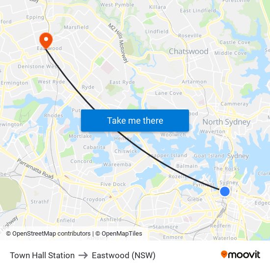 Town Hall Station to Eastwood (NSW) map