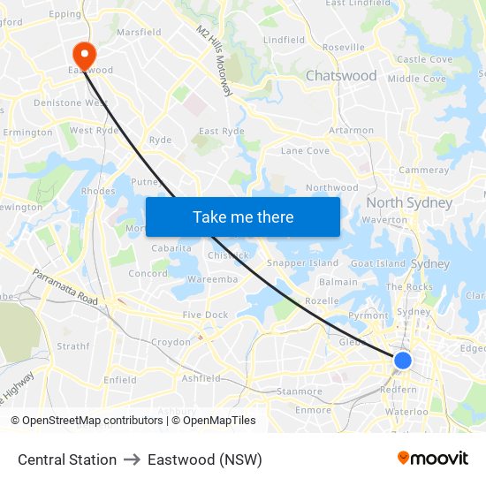 Central Station to Eastwood (NSW) map