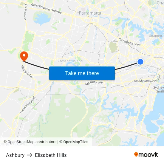 Ashbury to Elizabeth Hills map