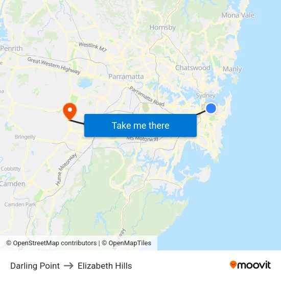 Darling Point to Elizabeth Hills map