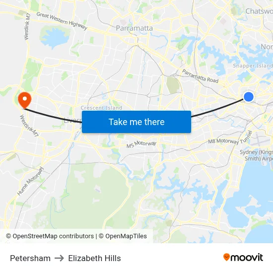Petersham to Elizabeth Hills map