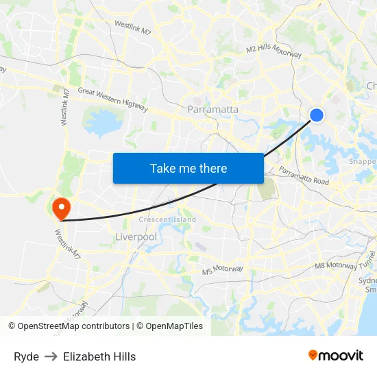 Ryde to Elizabeth Hills map