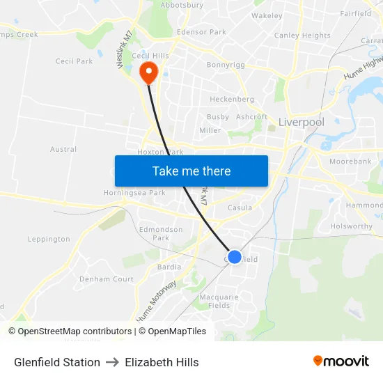 Glenfield Station to Elizabeth Hills map