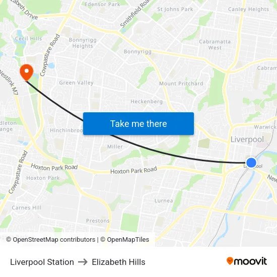 Liverpool Station to Elizabeth Hills map