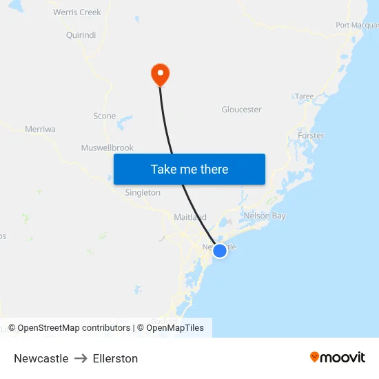 Newcastle to Ellerston map