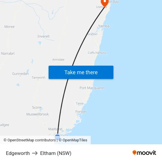 Edgeworth to Eltham (NSW) map