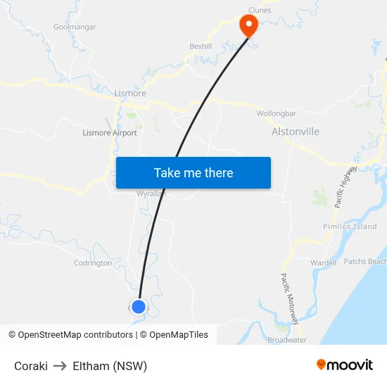Coraki to Eltham (NSW) map