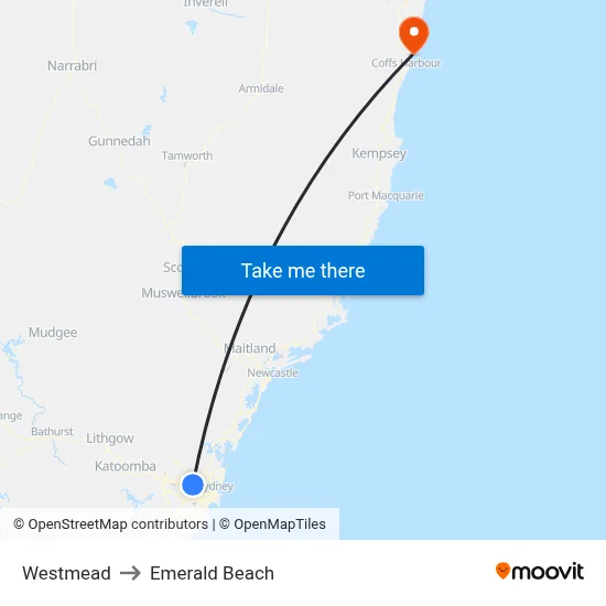 Westmead to Emerald Beach map