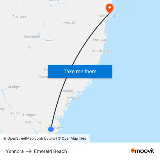 Yennora to Emerald Beach map