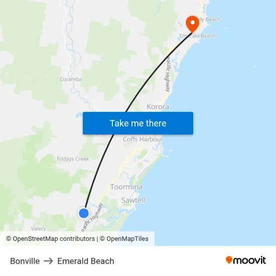 Bonville to Emerald Beach map