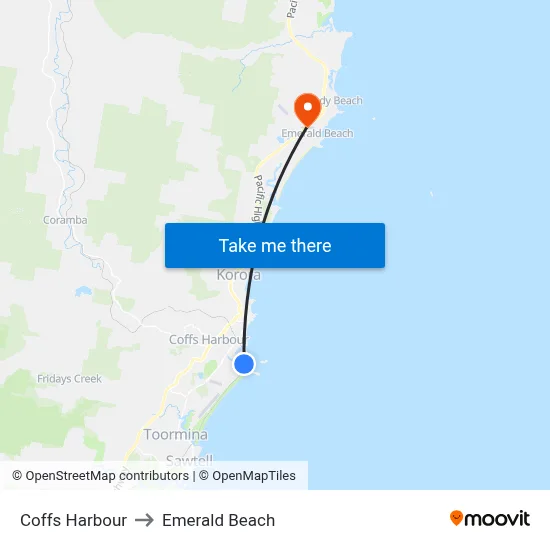 Coffs Harbour to Emerald Beach map