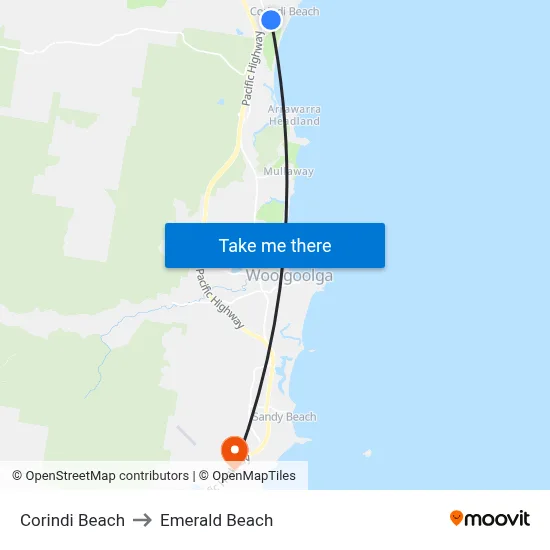 Corindi Beach to Emerald Beach map