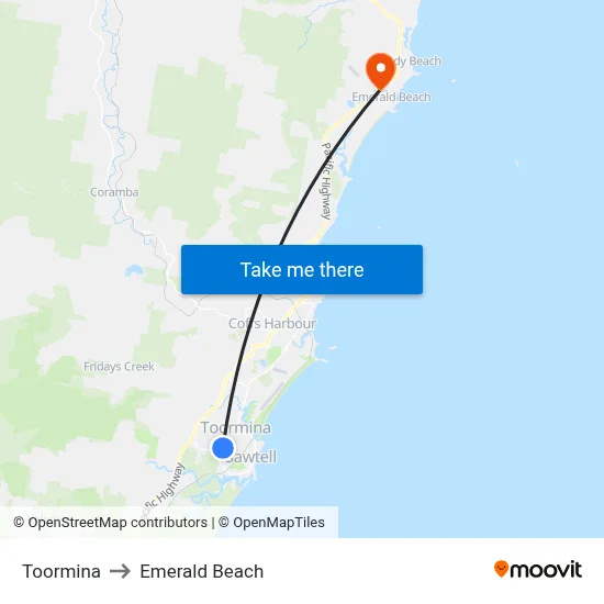 Toormina to Emerald Beach map