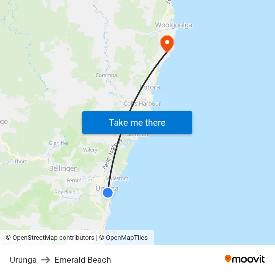Urunga to Emerald Beach map
