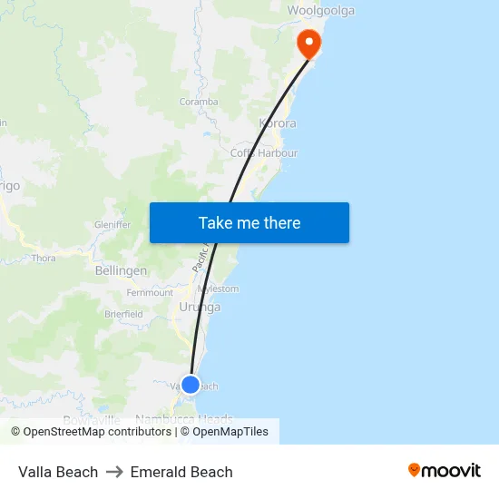 Valla Beach to Emerald Beach map