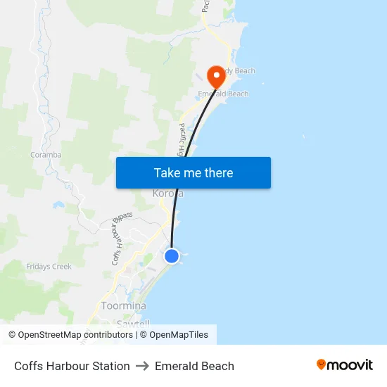 Coffs Harbour Station to Emerald Beach map