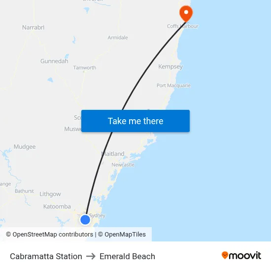 Cabramatta Station to Emerald Beach map