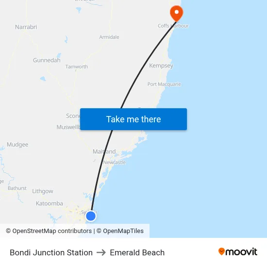 Bondi Junction Station to Emerald Beach map