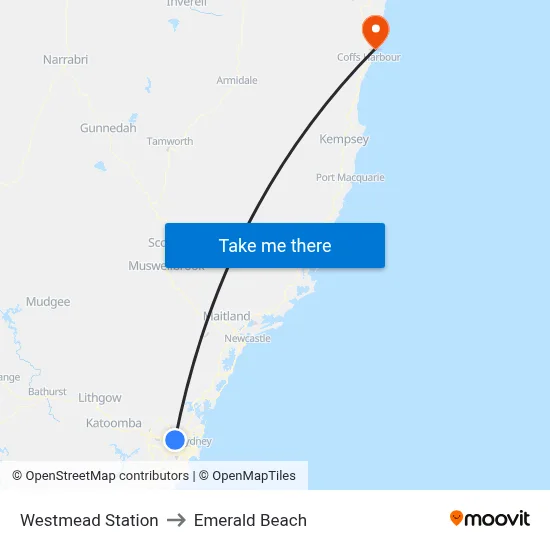 Westmead Station to Emerald Beach map