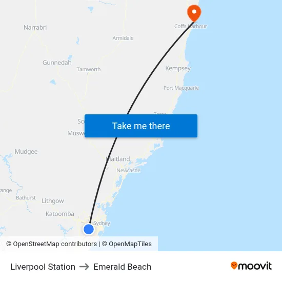 Liverpool Station to Emerald Beach map