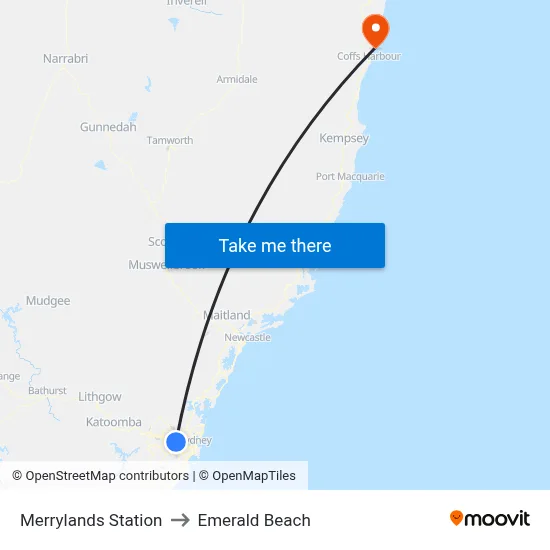 Merrylands Station to Emerald Beach map