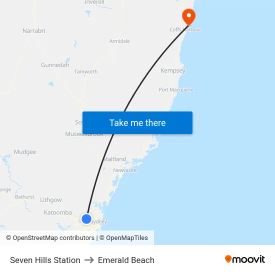 Seven Hills Station to Emerald Beach map