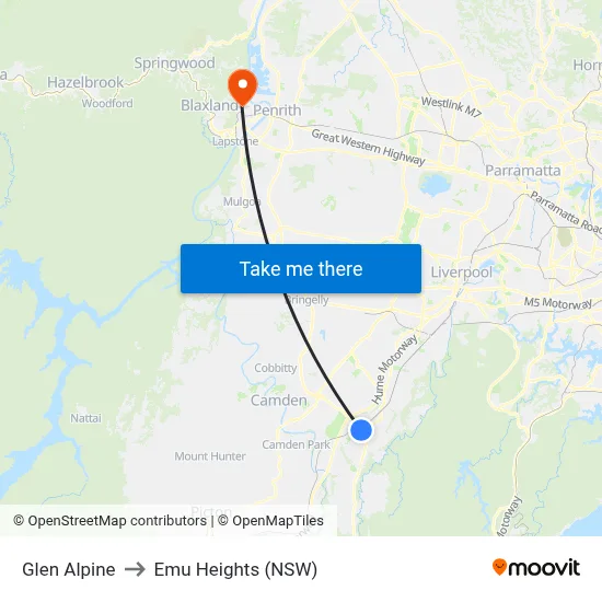 Glen Alpine to Emu Heights (NSW) map