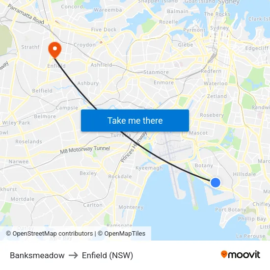 Banksmeadow to Enfield (NSW) map
