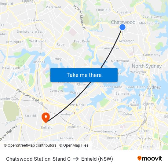 Chatswood Station, Stand C to Enfield (NSW) map