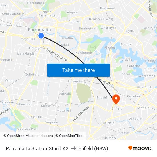 Parramatta Station, Stand A2 to Enfield (NSW) map