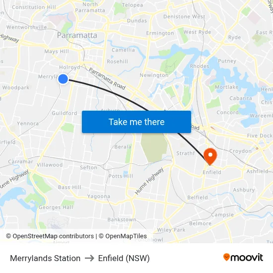 Merrylands Station to Enfield (NSW) map