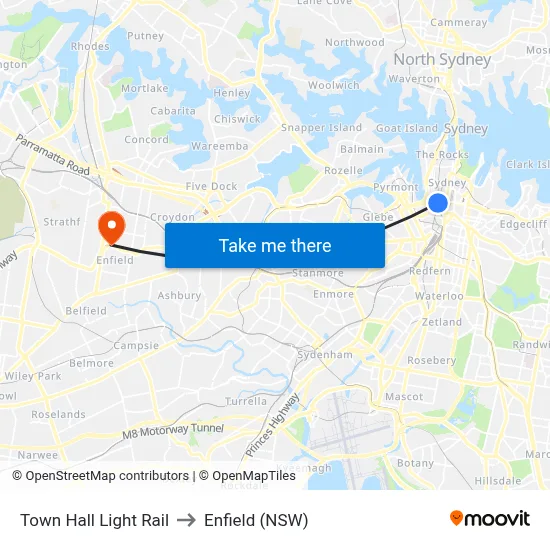 Town Hall Light Rail to Enfield (NSW) map