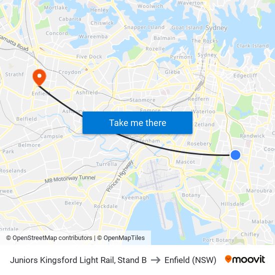 Juniors Kingsford Light Rail, Stand B to Enfield (NSW) map