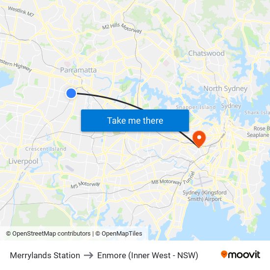 Merrylands Station to Enmore (Inner West - NSW) map