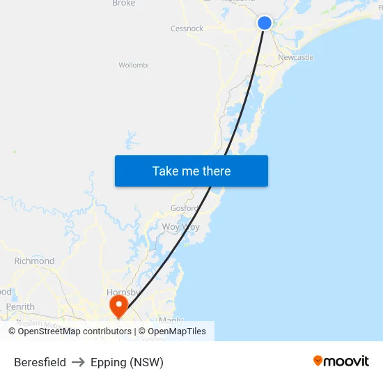 Beresfield to Epping (NSW) map