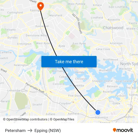 Petersham to Epping (NSW) map