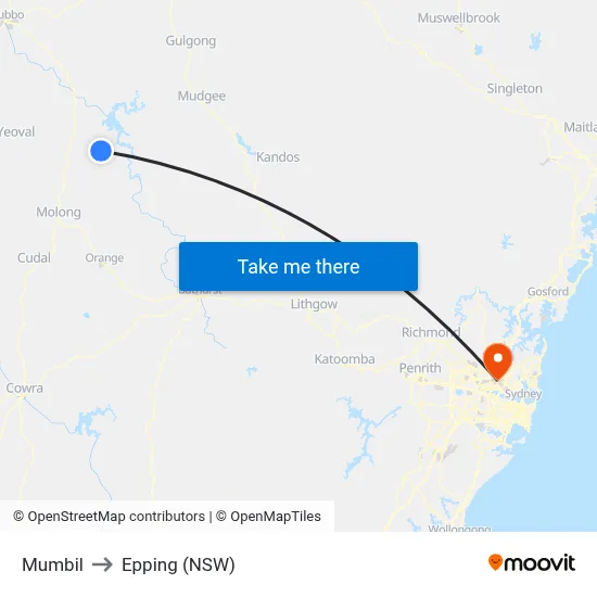 Mumbil to Epping (NSW) map