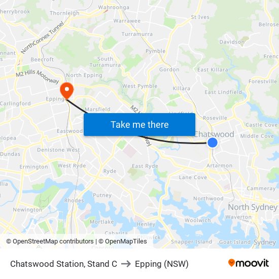 Chatswood Station, Stand C to Epping (NSW) map