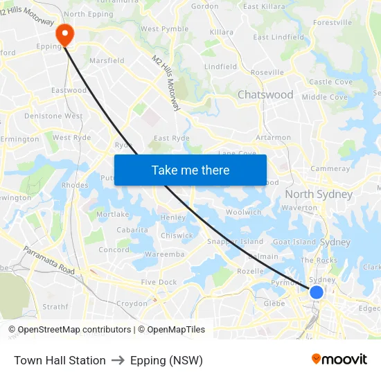 Town Hall Station to Epping (NSW) map