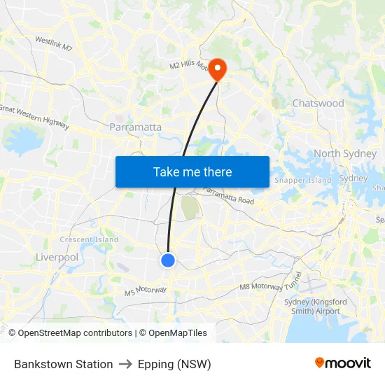 Bankstown Station to Epping (NSW) map