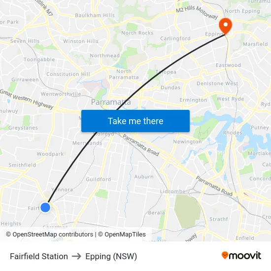 Fairfield Station to Epping (NSW) map