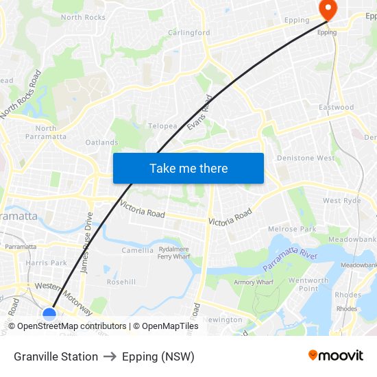 Granville Station to Epping (NSW) map