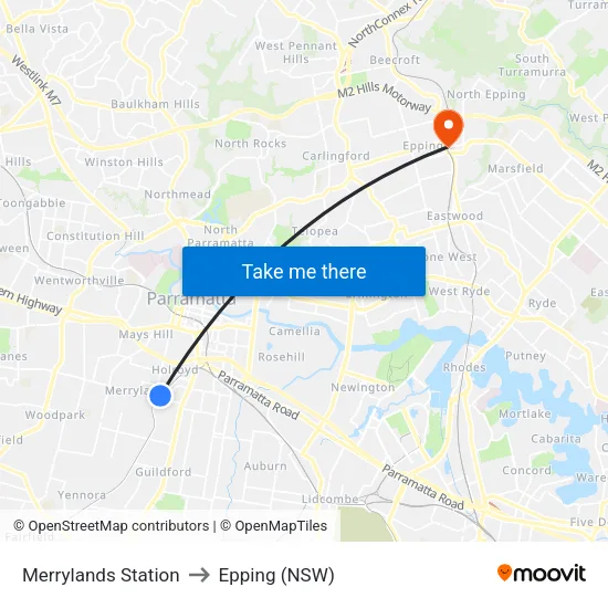 Merrylands Station to Epping (NSW) map